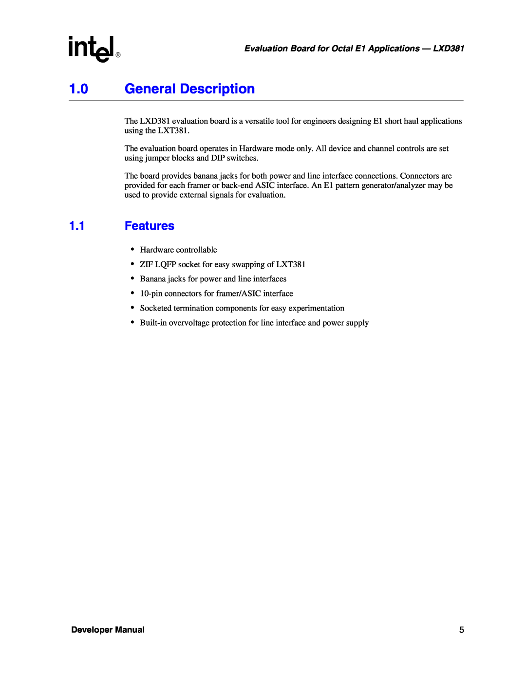 Intel manual General Description, Features, Evaluation Board for Octal E1 Applications - LXD381, Developer Manual 