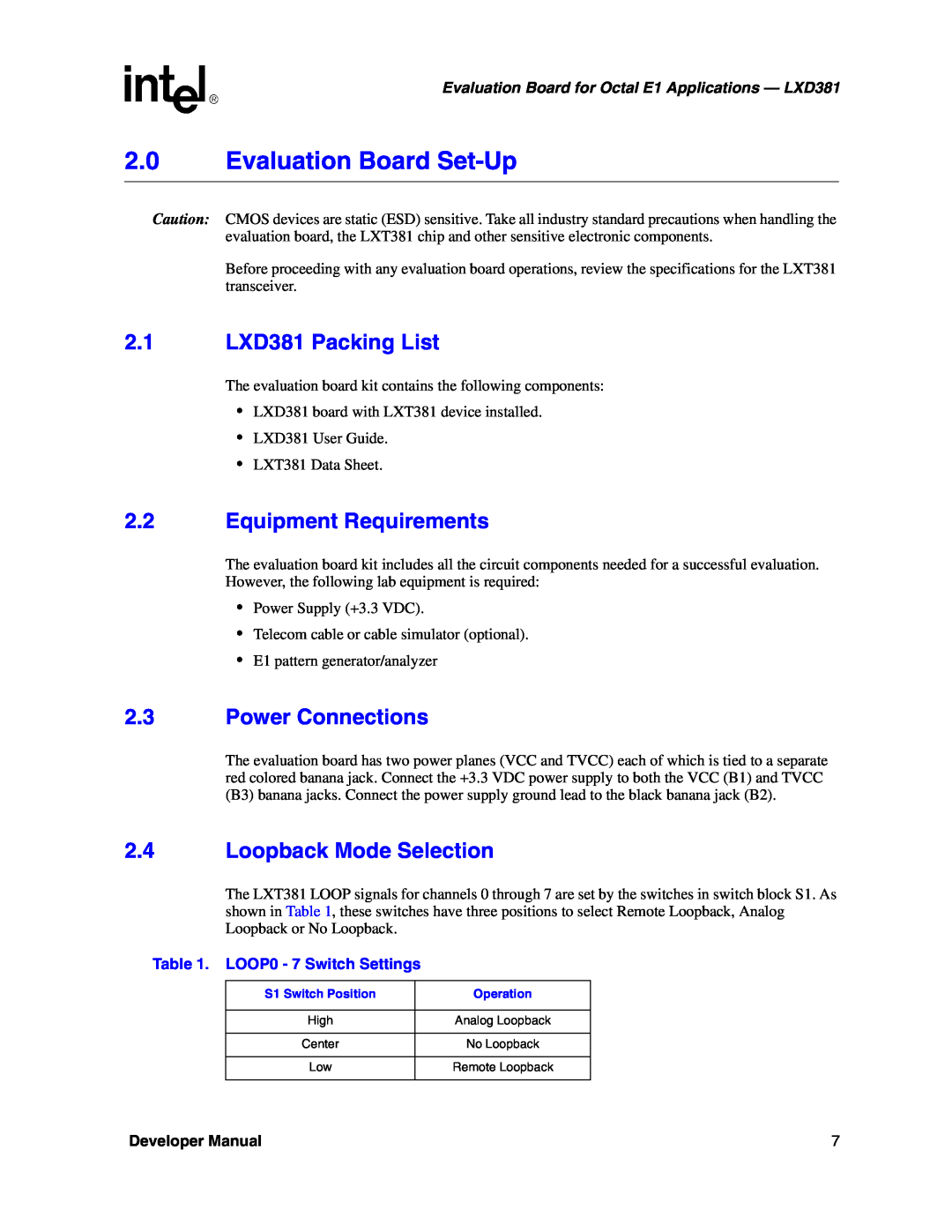 Intel Evaluation Board Set-Up, 2.1 LXD381 Packing List, Equipment Requirements, Power Connections, Developer Manual 