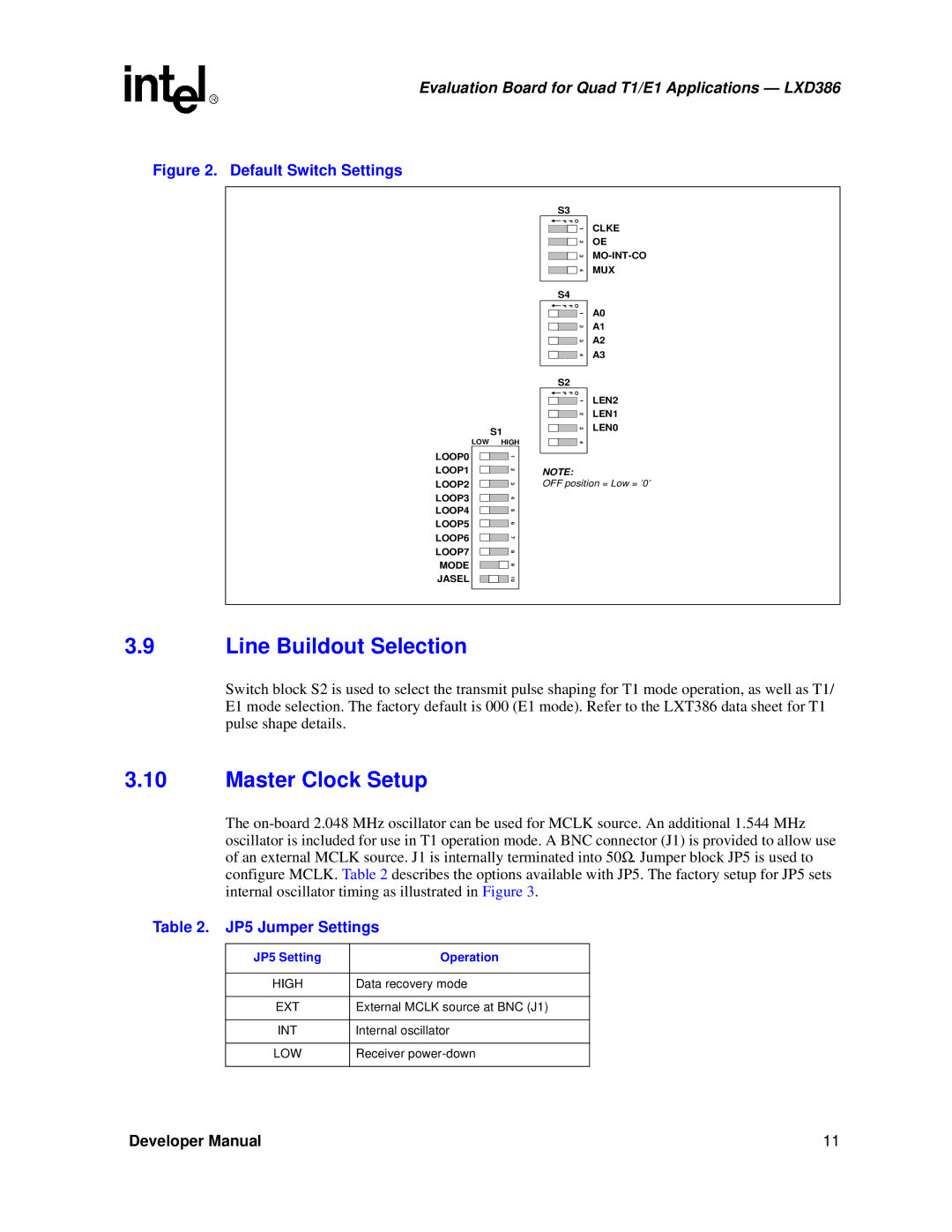 Intel LXD386 manual Line Buildout Selection, Master Clock Setup 