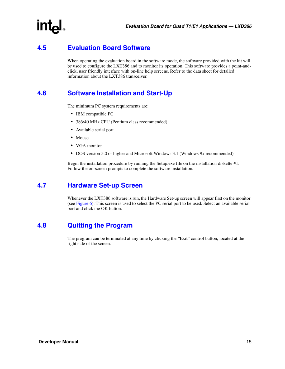 Intel LXD386 Evaluation Board Software, Software Installation and Start-Up, Hardware Set-up Screen, Quitting the Program 