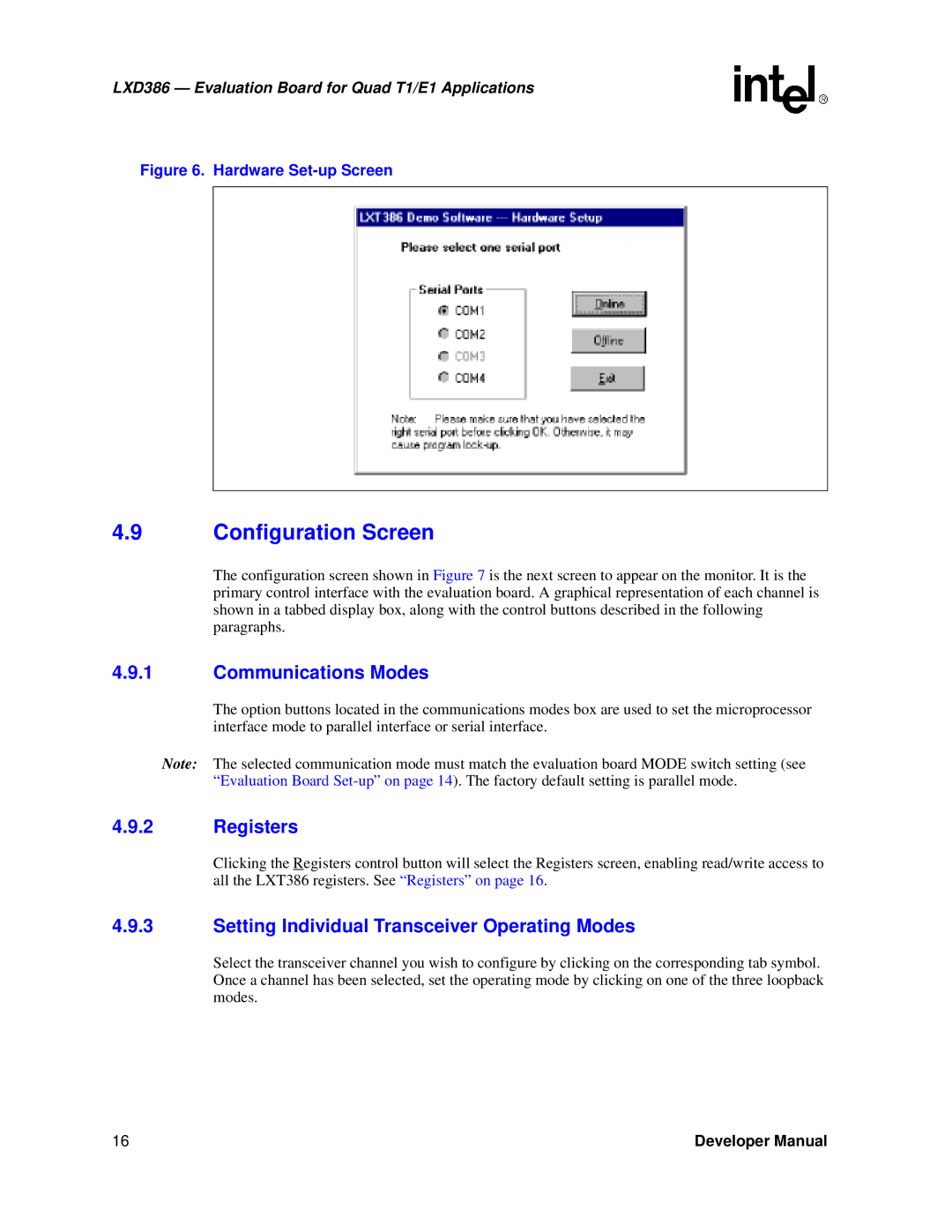 Intel LXD386 manual Configuration Screen, Communications Modes 