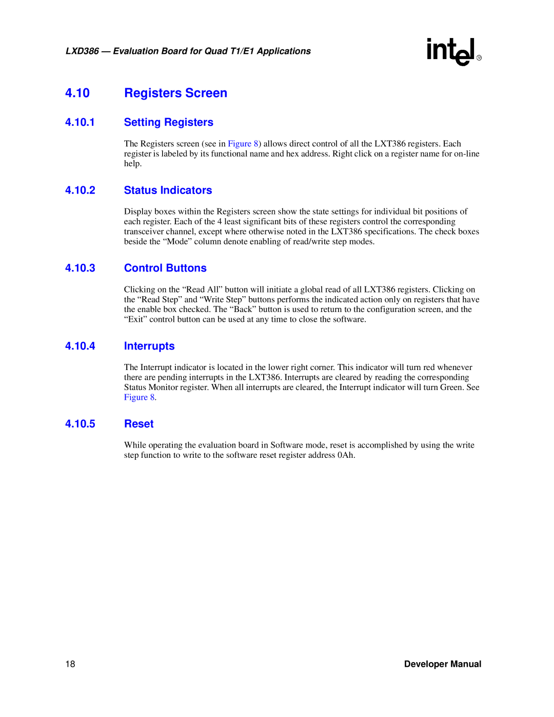 Intel LXD386 manual Registers Screen, Setting Registers 