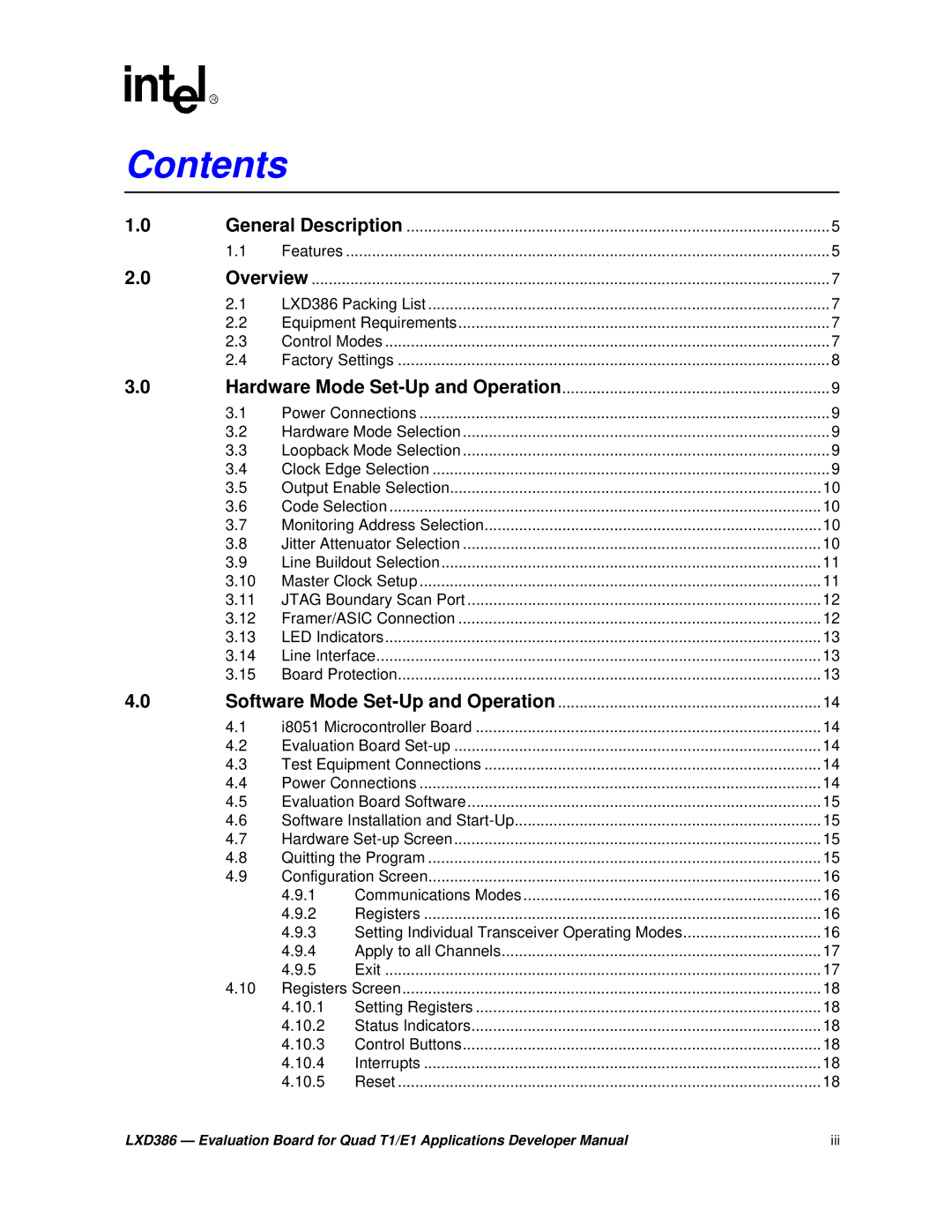 Intel LXD386 manual Contents 