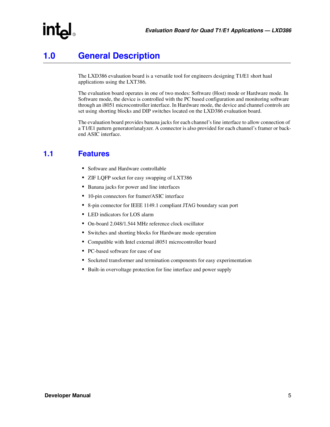 Intel LXD386 manual General Description, Features 