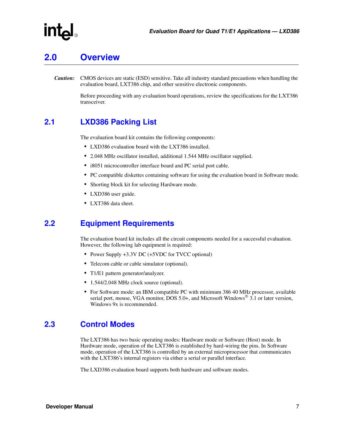 Intel manual Overview, LXD386 Packing List, Equipment Requirements, Control Modes 