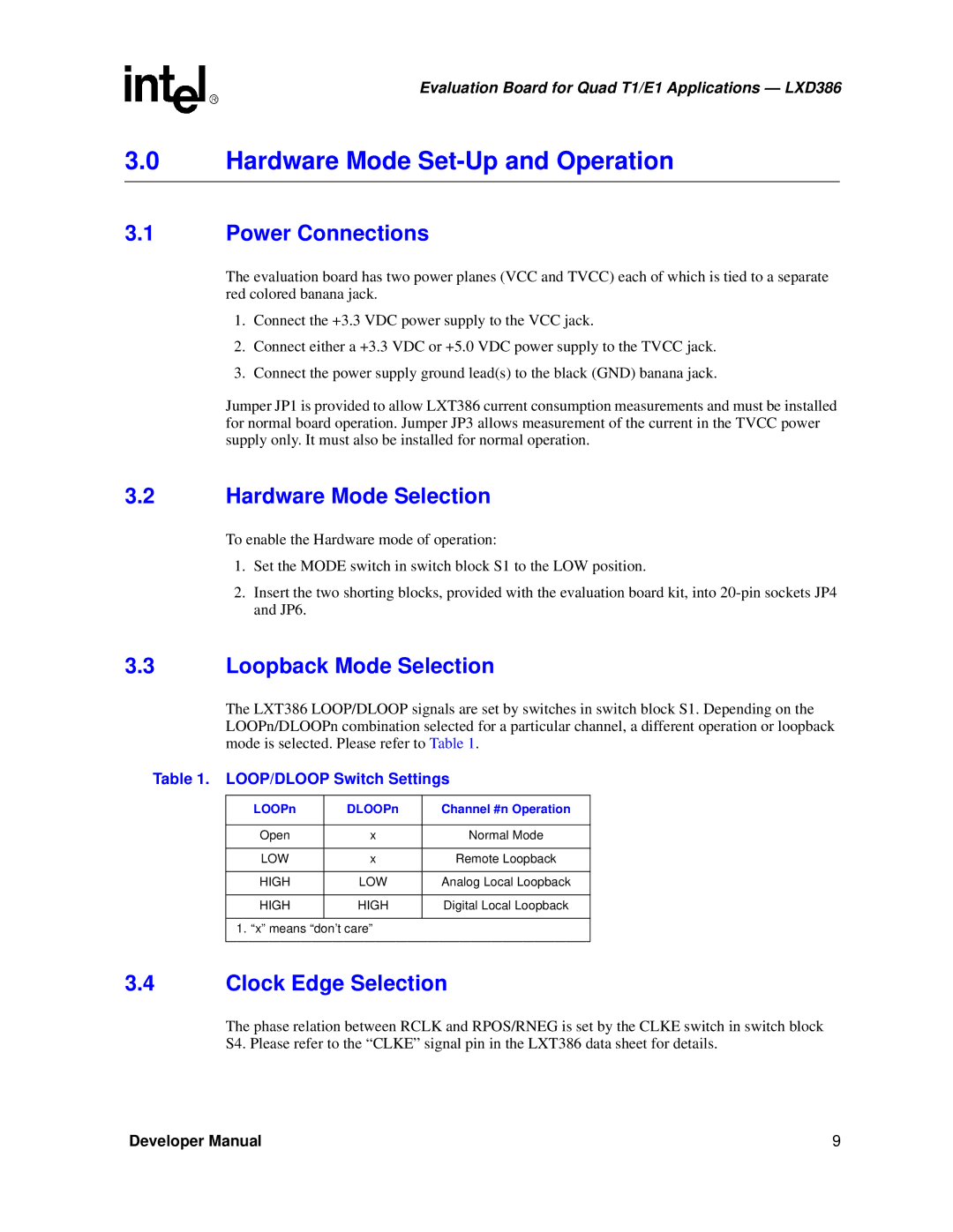 Intel LXD386 manual Hardware Mode Set-Up and Operation, Power Connections, Hardware Mode Selection, Loopback Mode Selection 