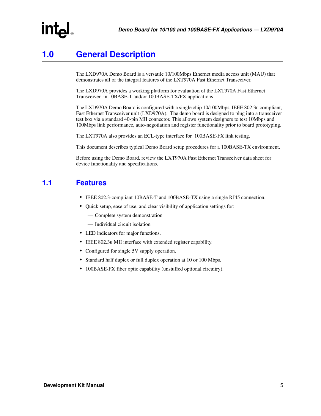 Intel LXD970A Demo Board for 10/100 manual General Description, Features 