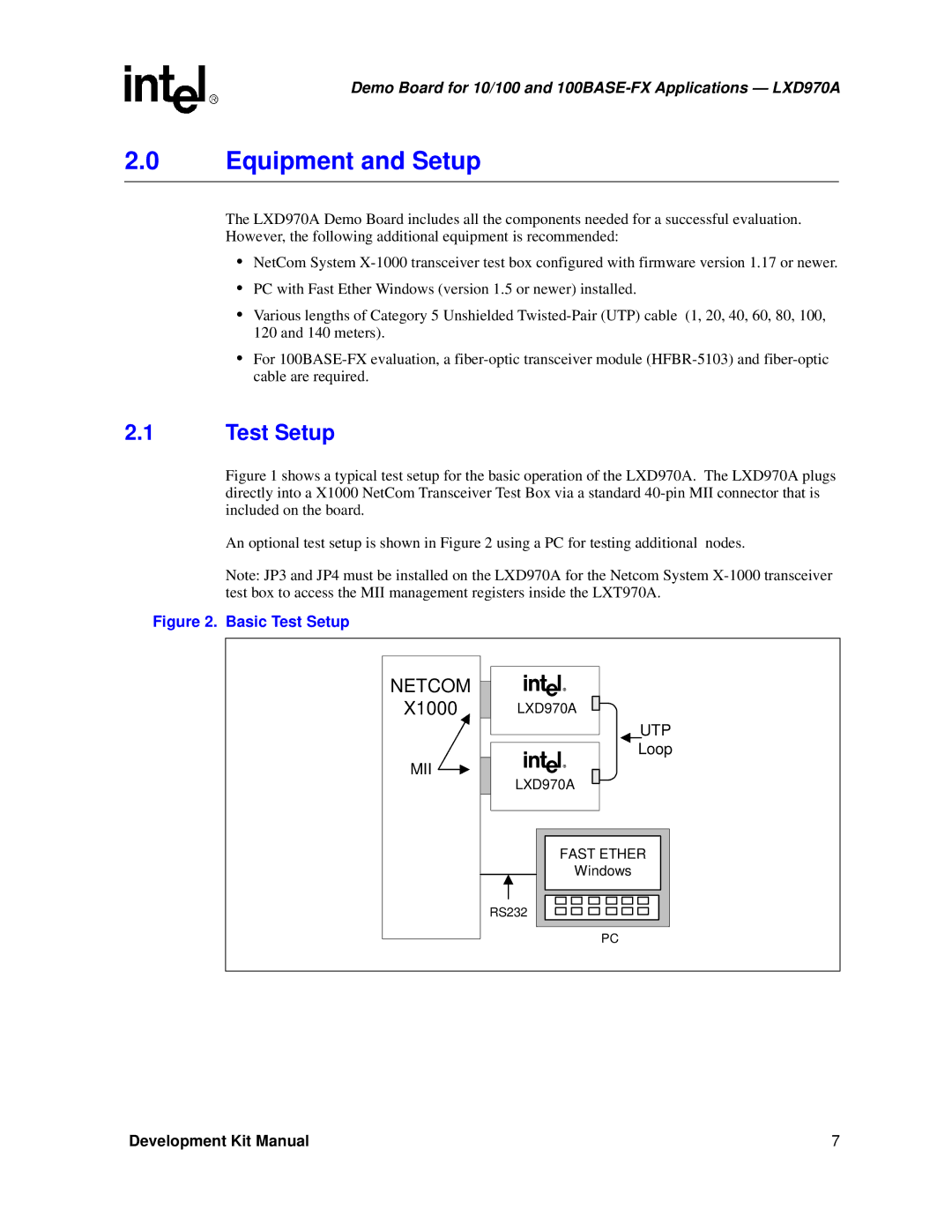 Intel LXD970A Demo Board for 10/100 manual Equipment and Setup, Test Setup 