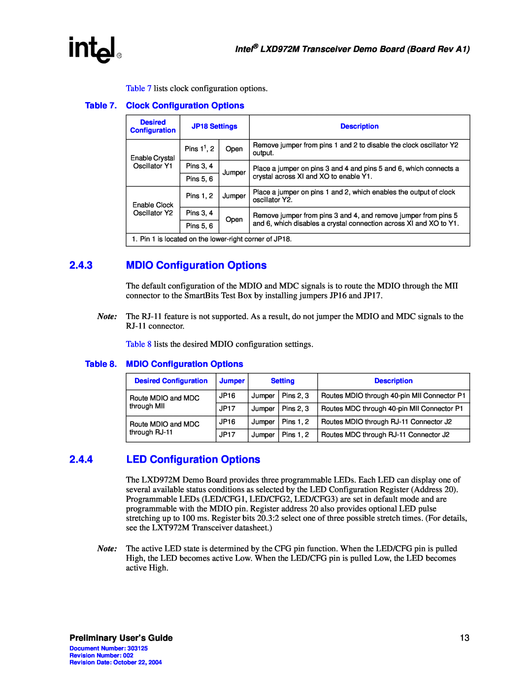 Intel LXD972M manual 2.4.3MDIO Configuration Options, 2.4.4LED Configuration Options, Preliminary User’s Guide 