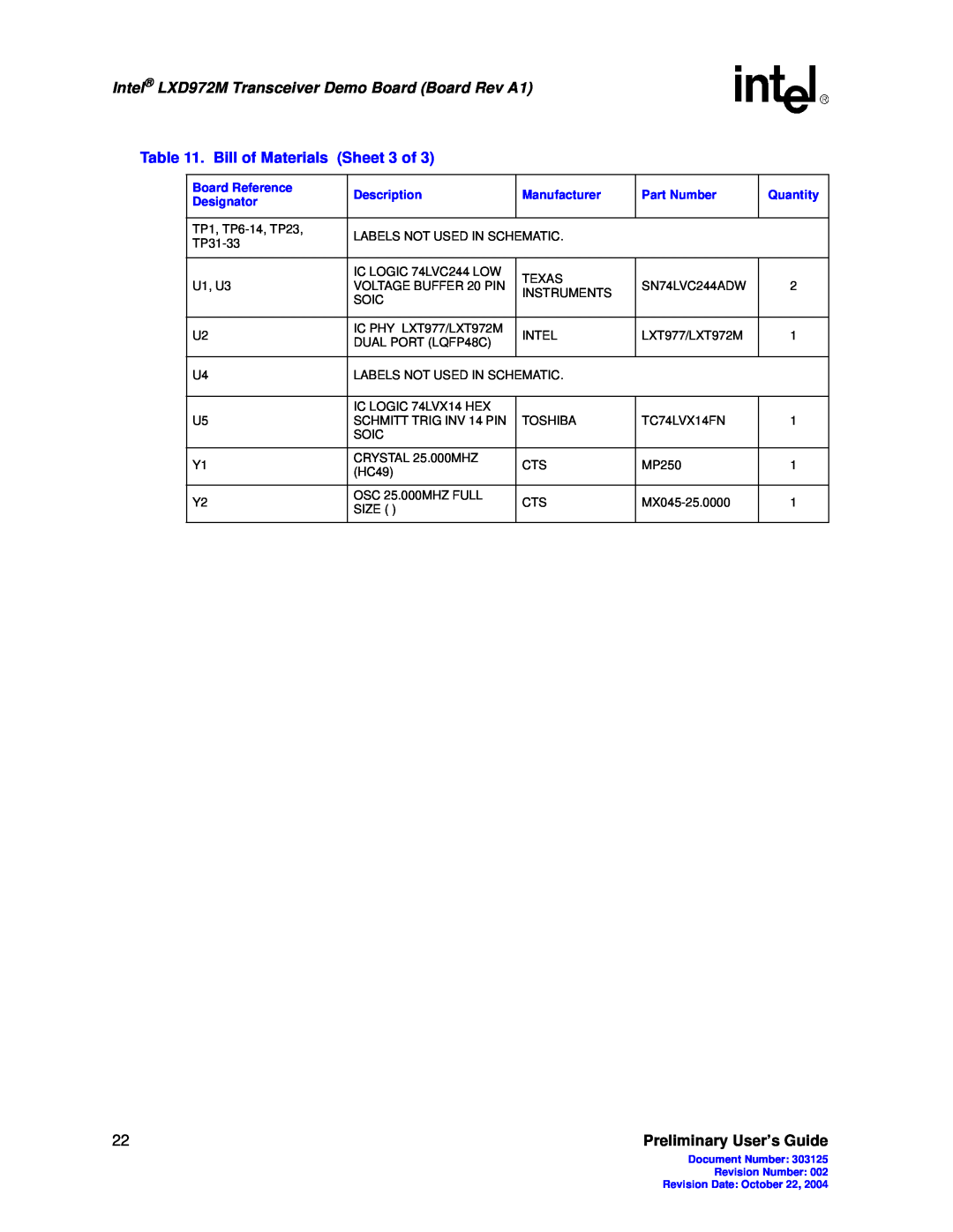 Intel manual Intel LXD972M Transceiver Demo Board Board Rev A1, Preliminary User’s Guide, Board Reference, Description 