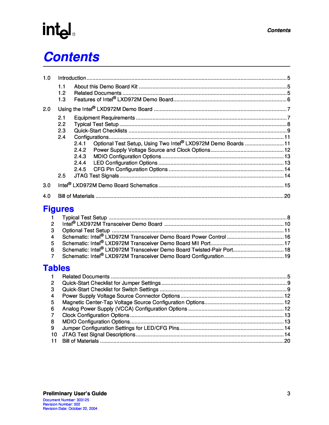 Intel LXD972M manual Figures, Tables, Contents, Preliminary User’s Guide 
