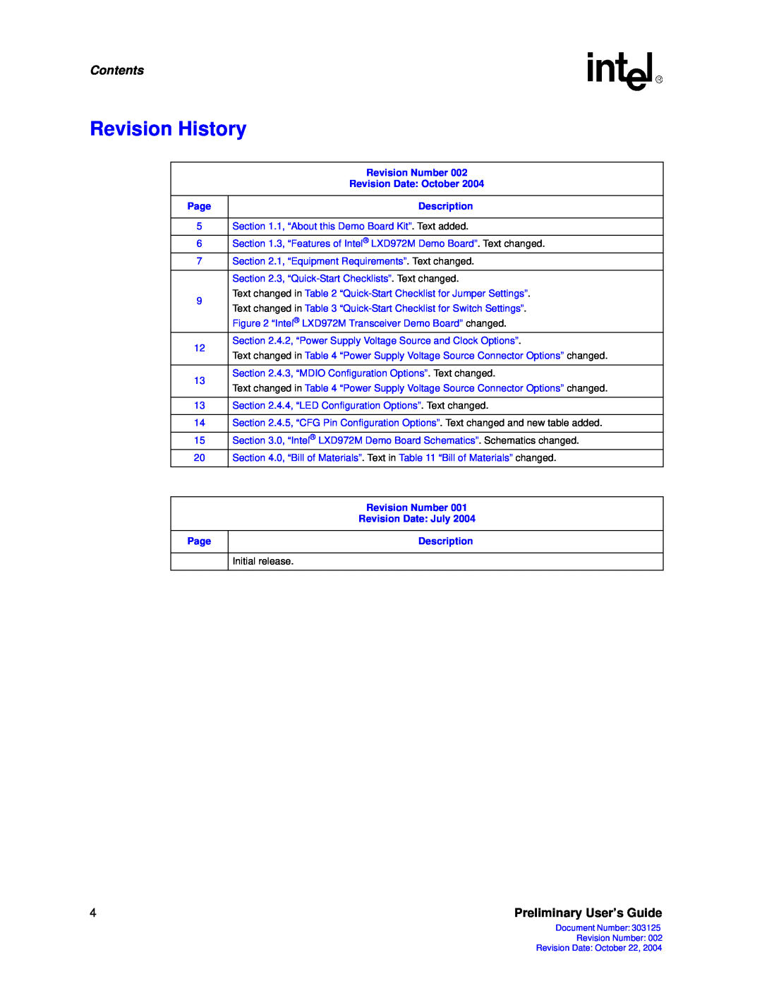 Intel LXD972M manual Revision History, Contents, Preliminary User’s Guide, Revision Number Revision Date October, Page 
