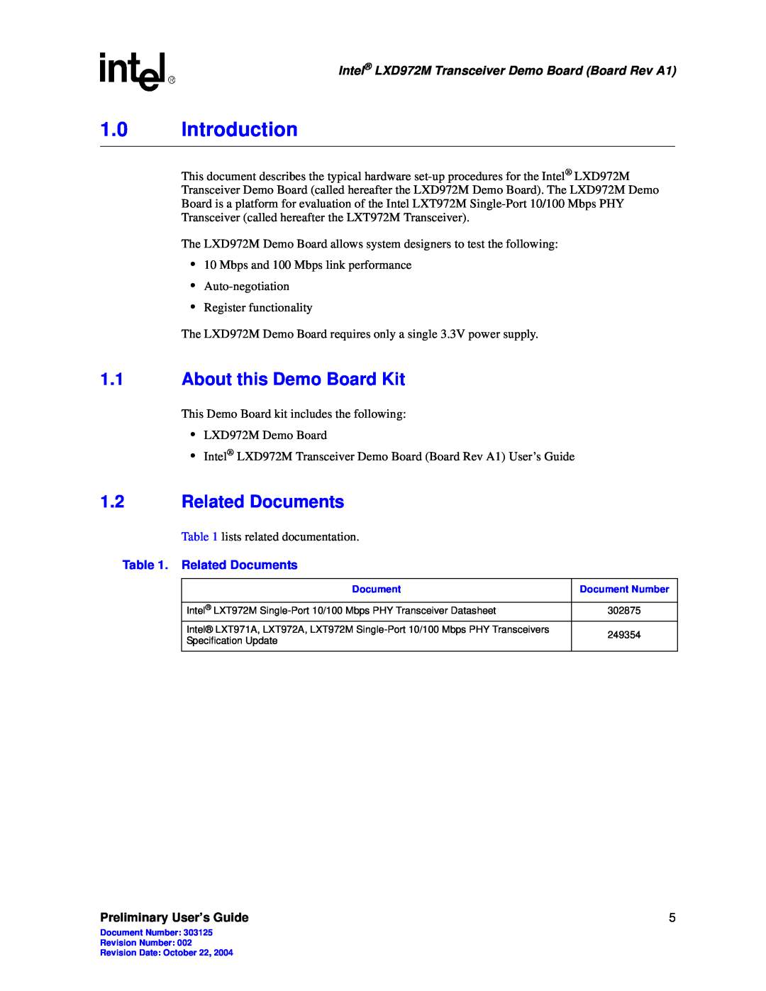 Intel LXD972M manual 1.0Introduction, 1.1About this Demo Board Kit, 1.2Related Documents, Preliminary User’s Guide 