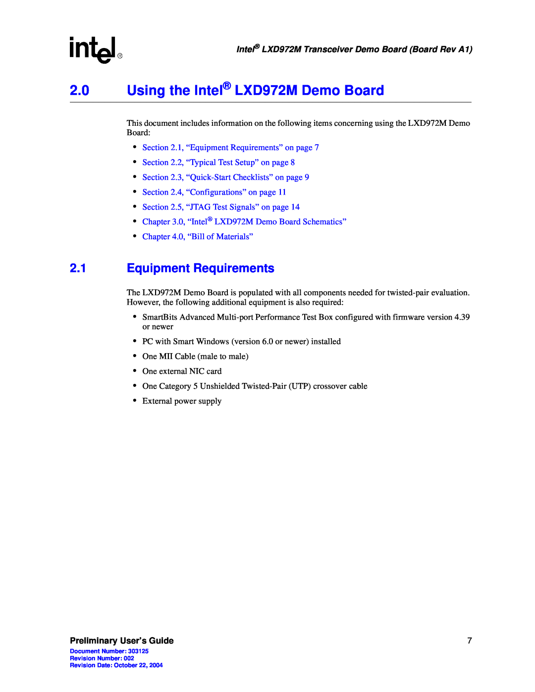 Intel manual 2.0Using the Intel LXD972M Demo Board, 2.1Equipment Requirements, Preliminary User’s Guide 