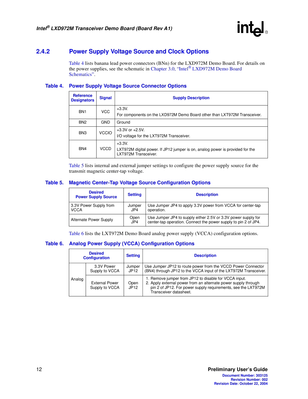 Intel LXD972M manual Power Supply Voltage Source and Clock Options, Power Supply Voltage Source Connector Options 