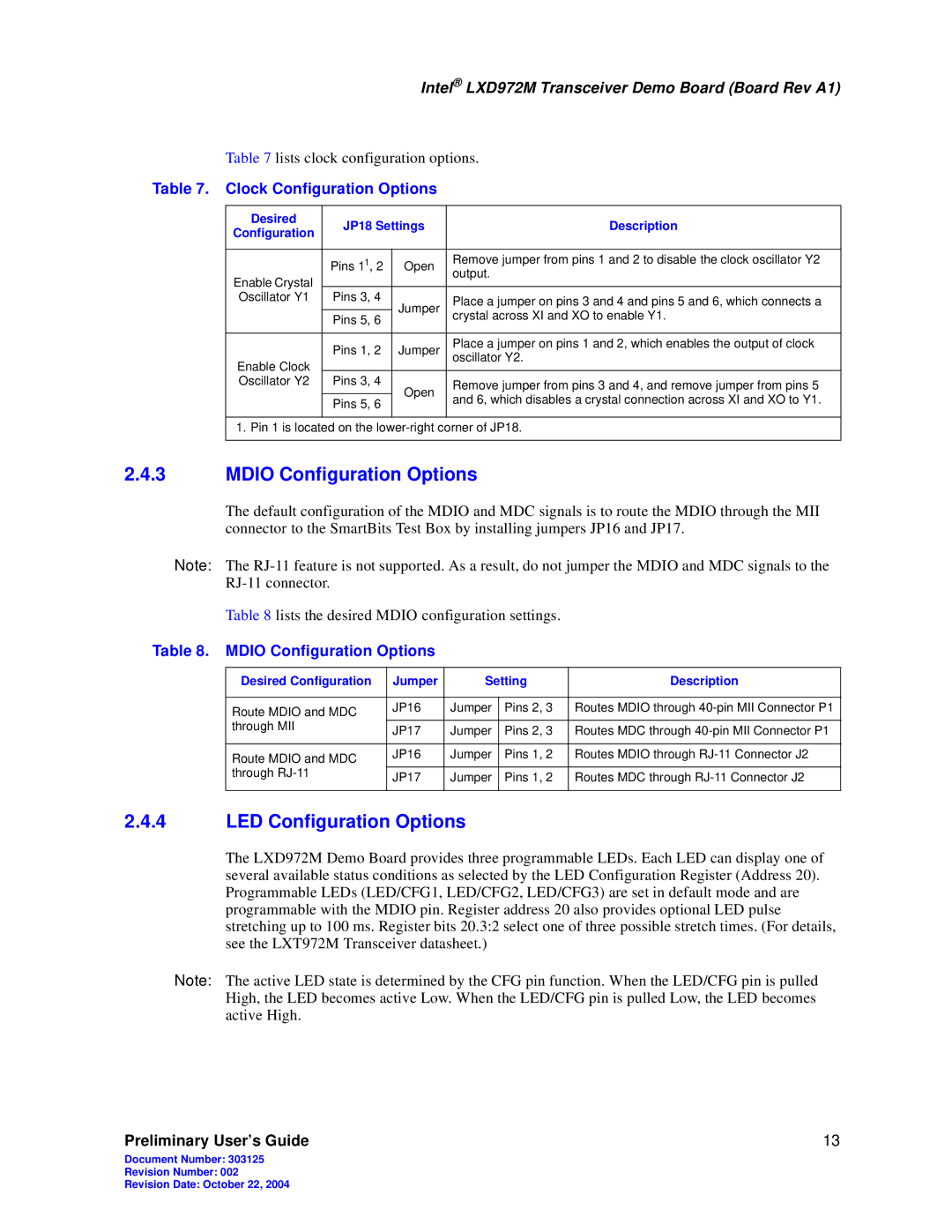 Intel LXD972M manual Mdio Configuration Options, LED Configuration Options, Clock Configuration Options 