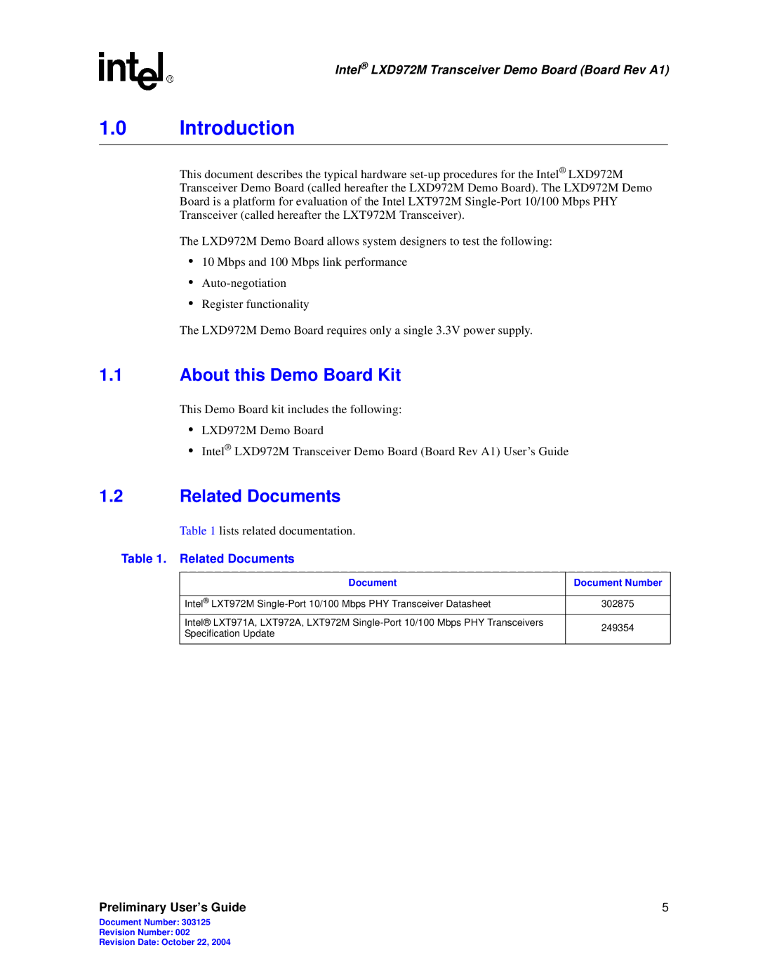 Intel LXD972M manual Introduction, About this Demo Board Kit, Related Documents, Document Document Number 