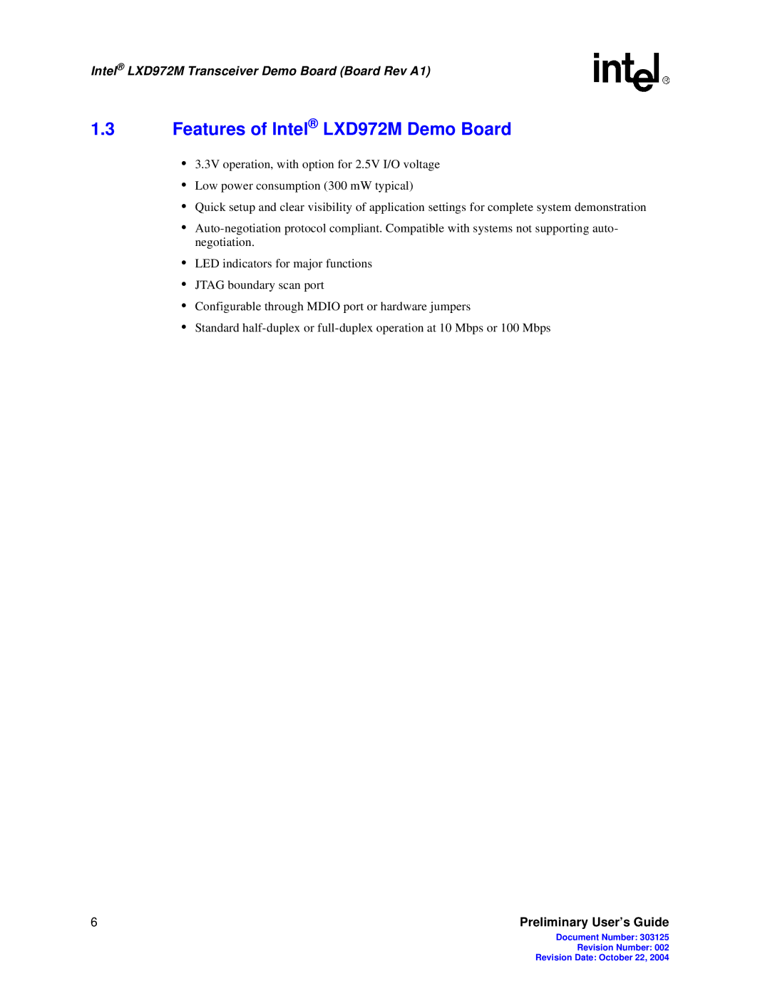 Intel manual Features of Intel LXD972M Demo Board 