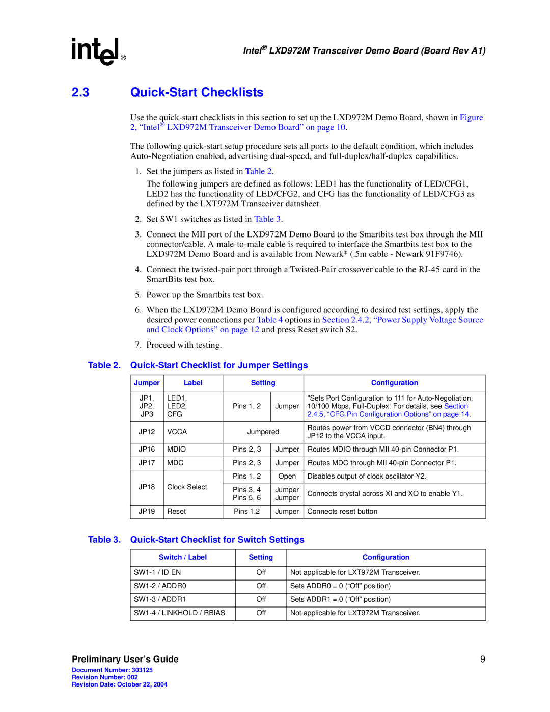 Intel LXD972M Quick-Start Checklists, Quick-Start Checklist for Jumper Settings, Quick-Start Checklist for Switch Settings 