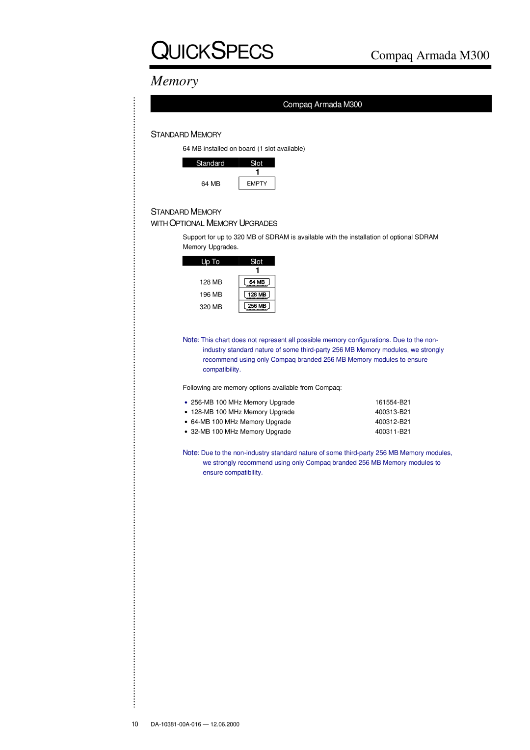 Intel warranty Memory, Compaq Armada M300 