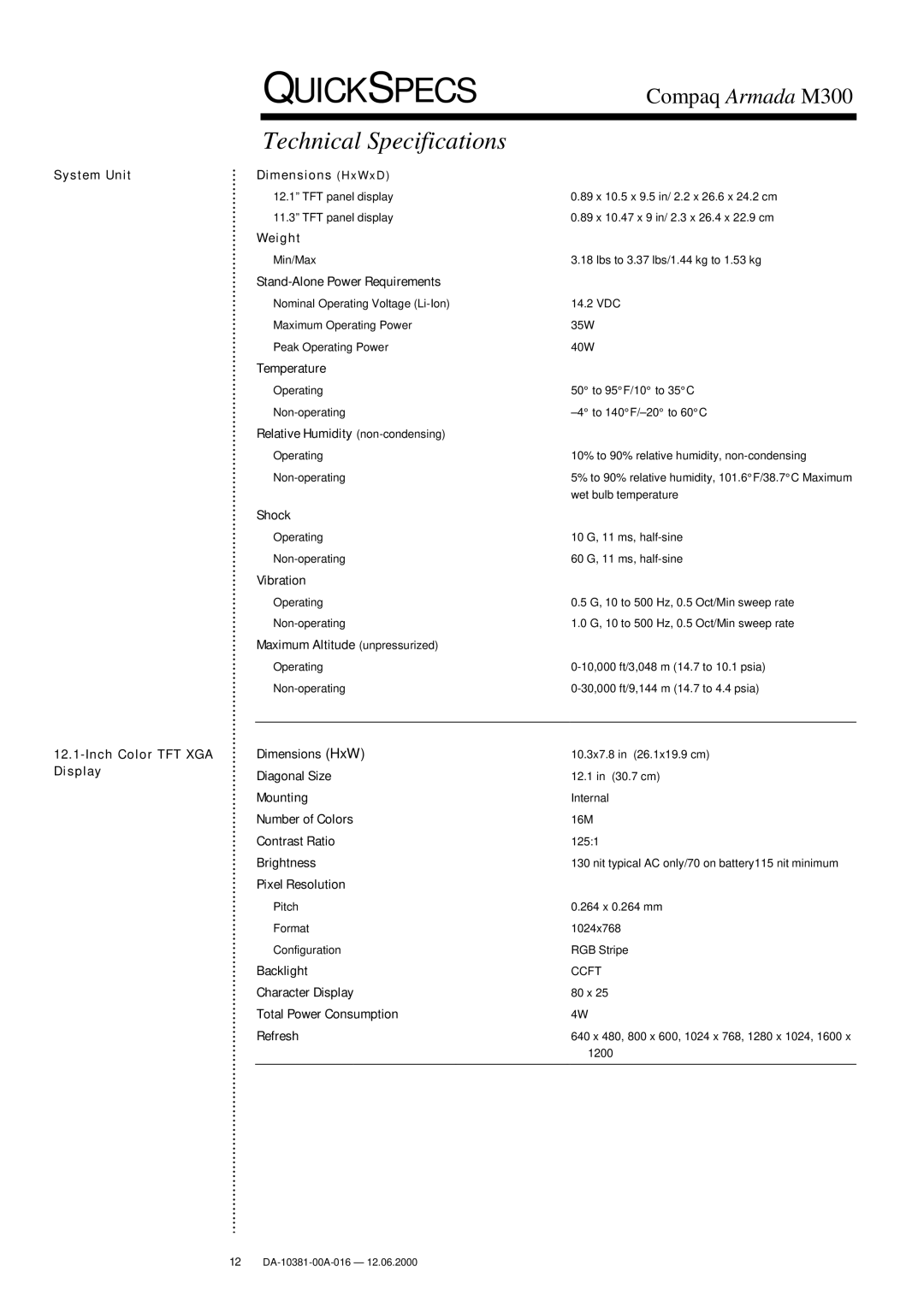 Intel M300 warranty Technical Specifications, System Unit Inch Color TFT XGA Display 