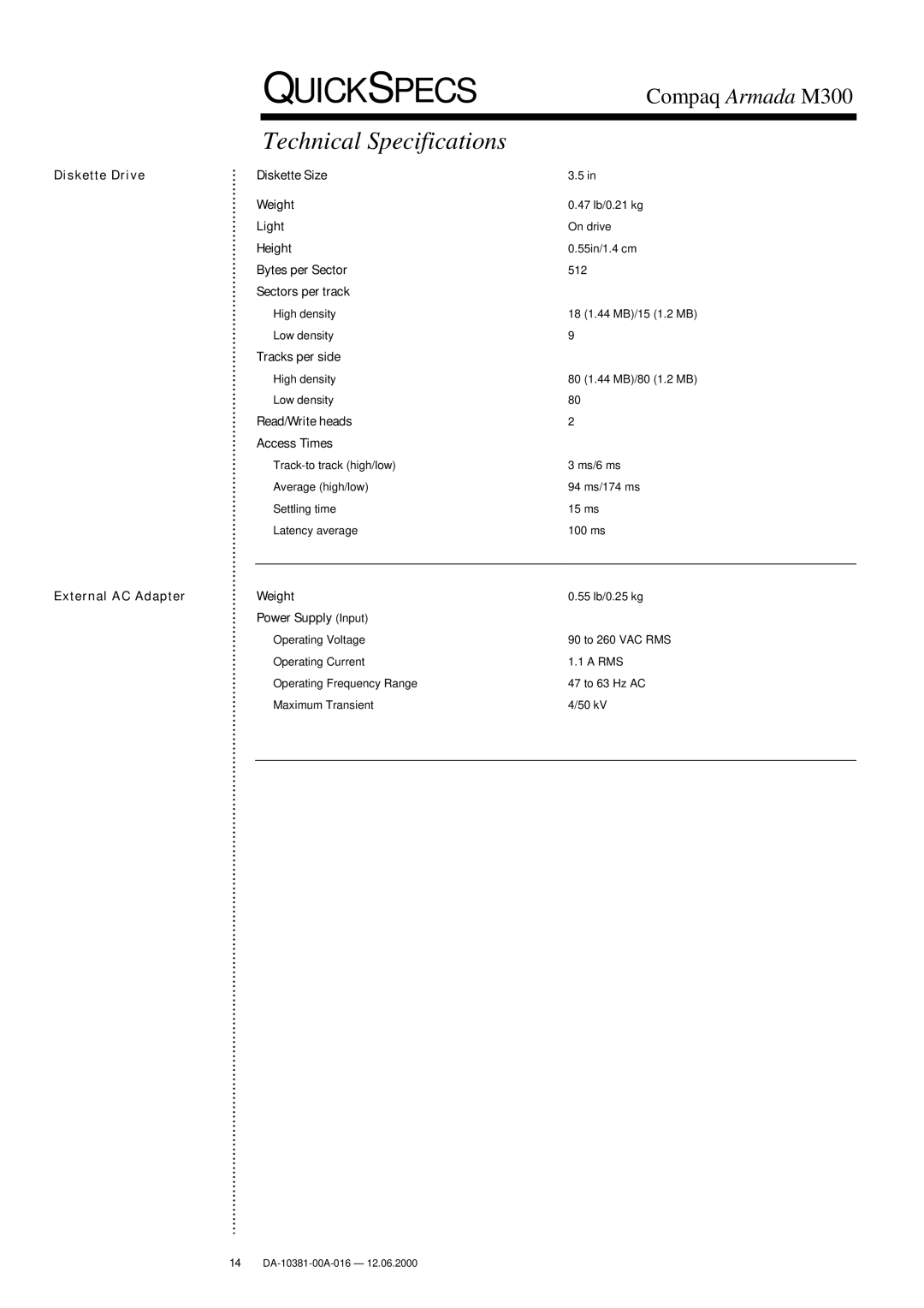 Intel M300 warranty Technical Specifications 