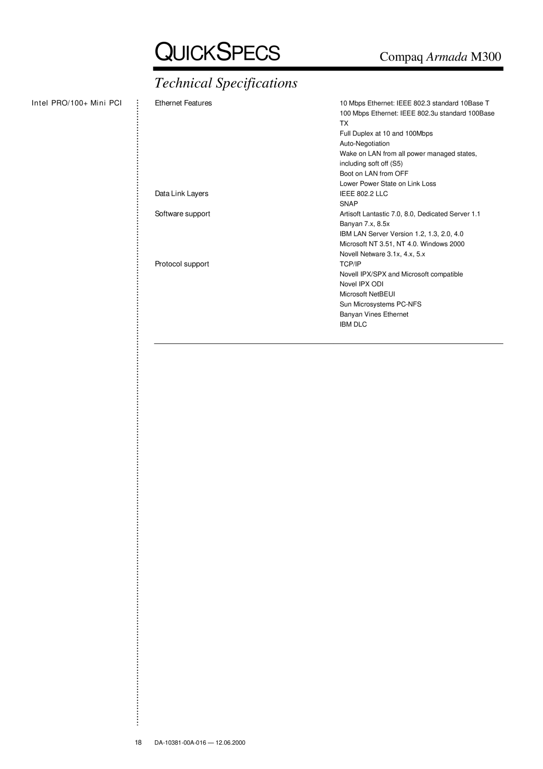 Intel M300 warranty Ethernet Features, Data Link Layers, Software support, Protocol support 