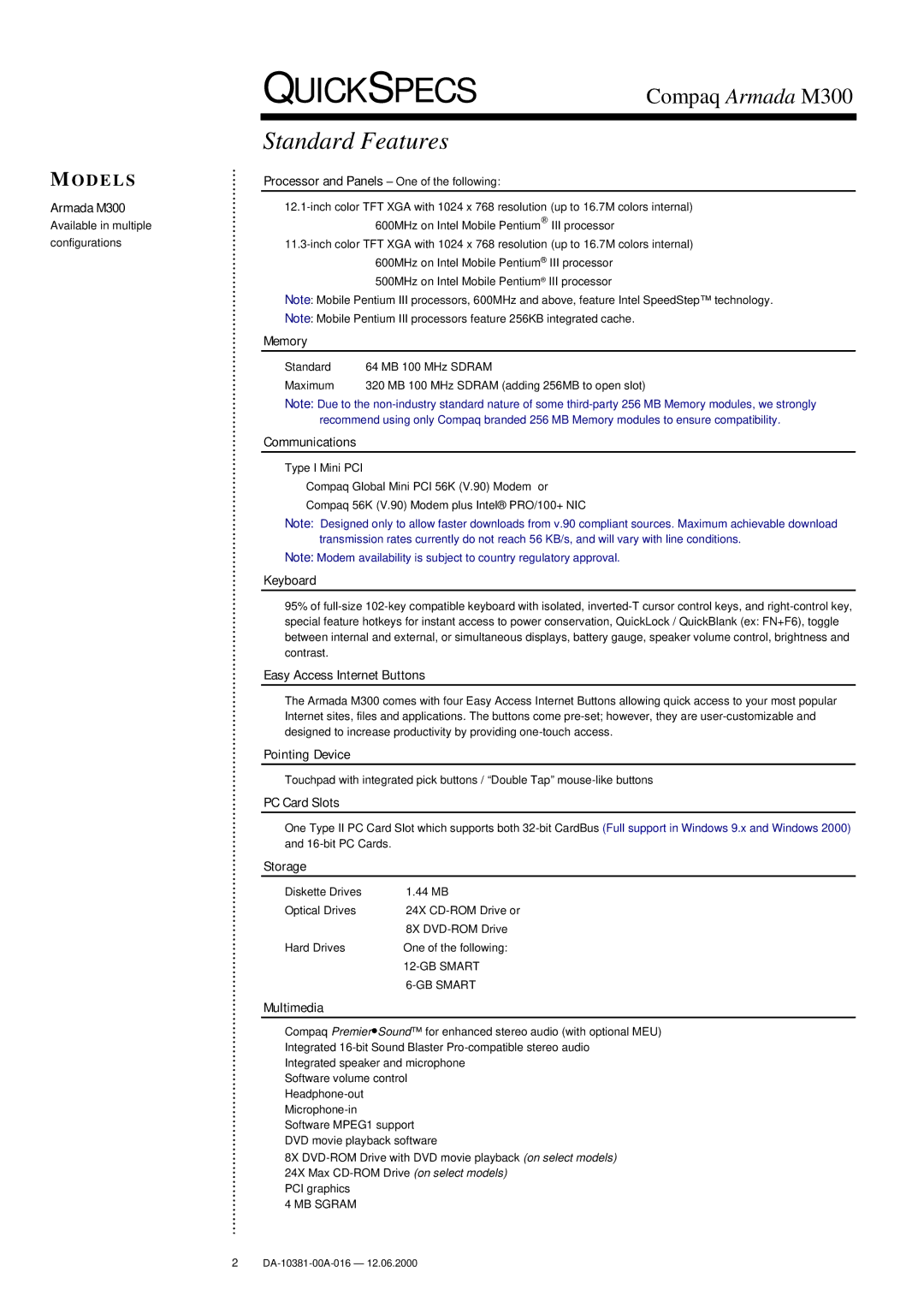 Intel M300 warranty Standard Features 