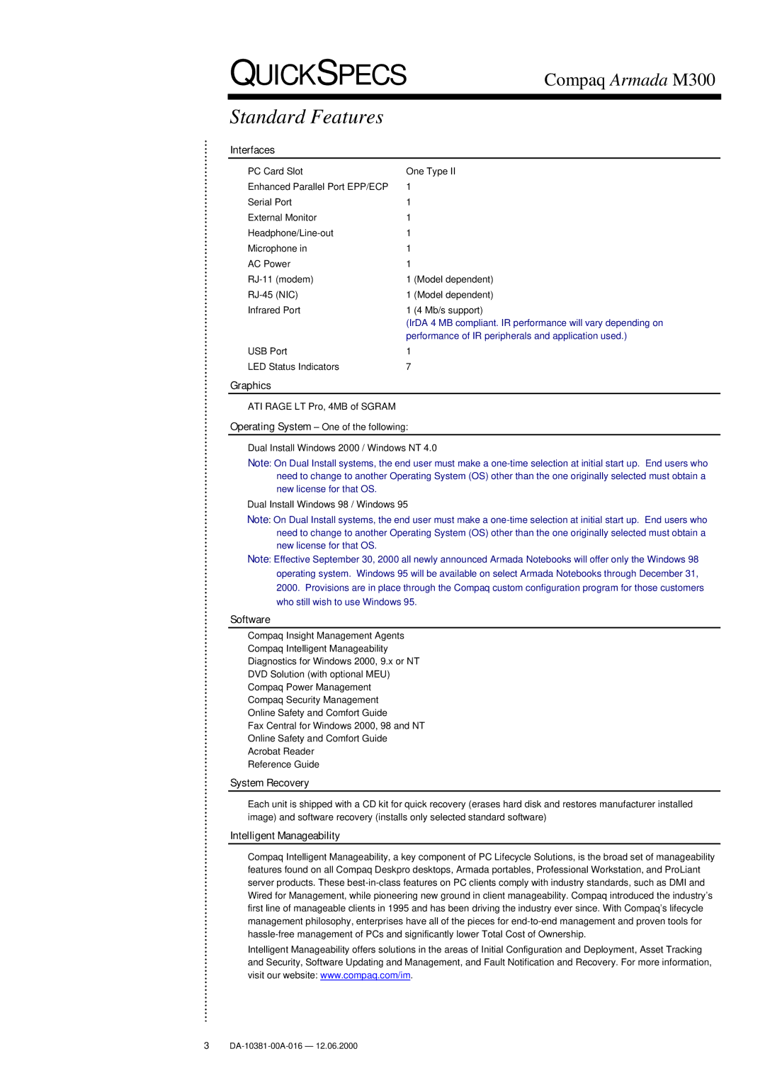 Intel M300 warranty Interfaces, Graphics, Software, System Recovery, Intelligent Manageability 