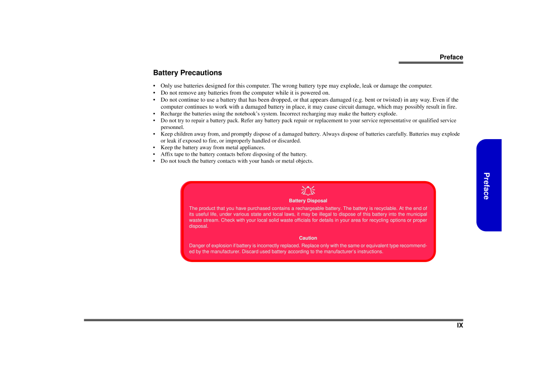 Intel M570TU manual Battery Precautions, Preface 