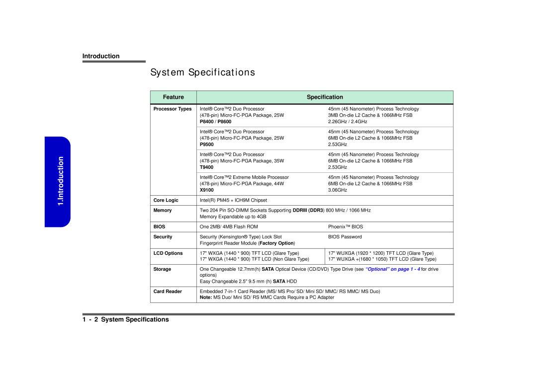 Intel M570TU manual Introduction, 1 - 2 System Specifications, Feature 