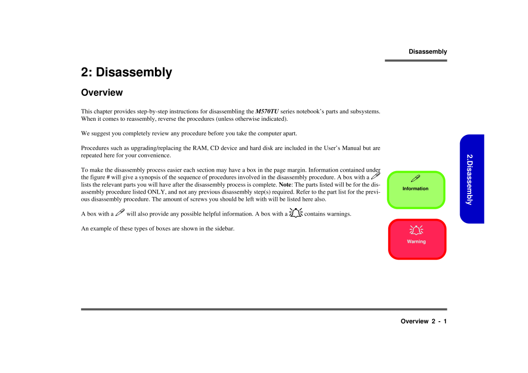 Intel M570TU manual Disassembly, Overview 