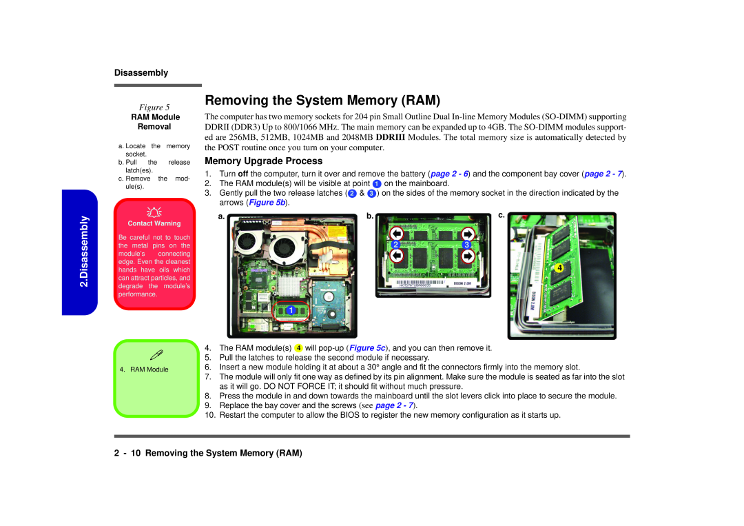 Intel M570TU manual Disassembly, 2 - 10 Removing the System Memory RAM, RAM Module Removal 
