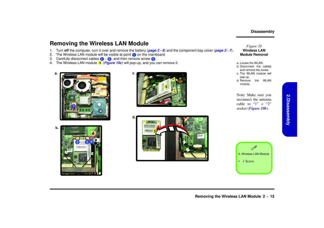 Intel M570TU manual Removing the Wireless LAN Module, Disassembly, a.c, d b, Wireless LAN Module Removal 