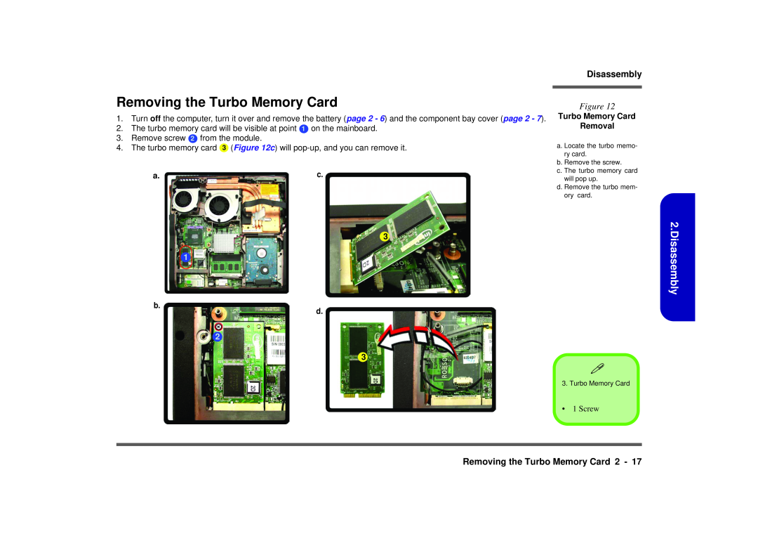 Intel M570TU manual Removing the Turbo Memory Card, Disassembly, a.c, Turbo Memory Card Removal 