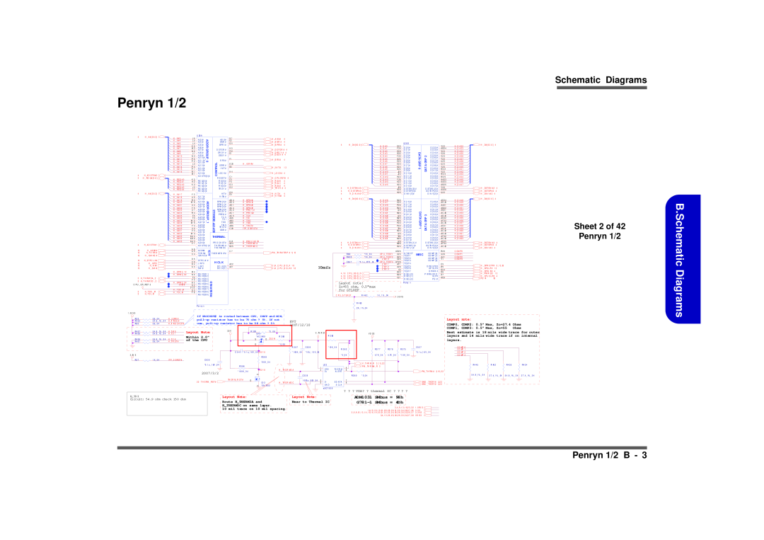 Intel M570TU Schematic Diagrams, Penryn 1/2 B, Sheet 2 of Penryn 1/2, ADM1031 SMbus =, Layout note, Zo=55 ohm, 0.5max 