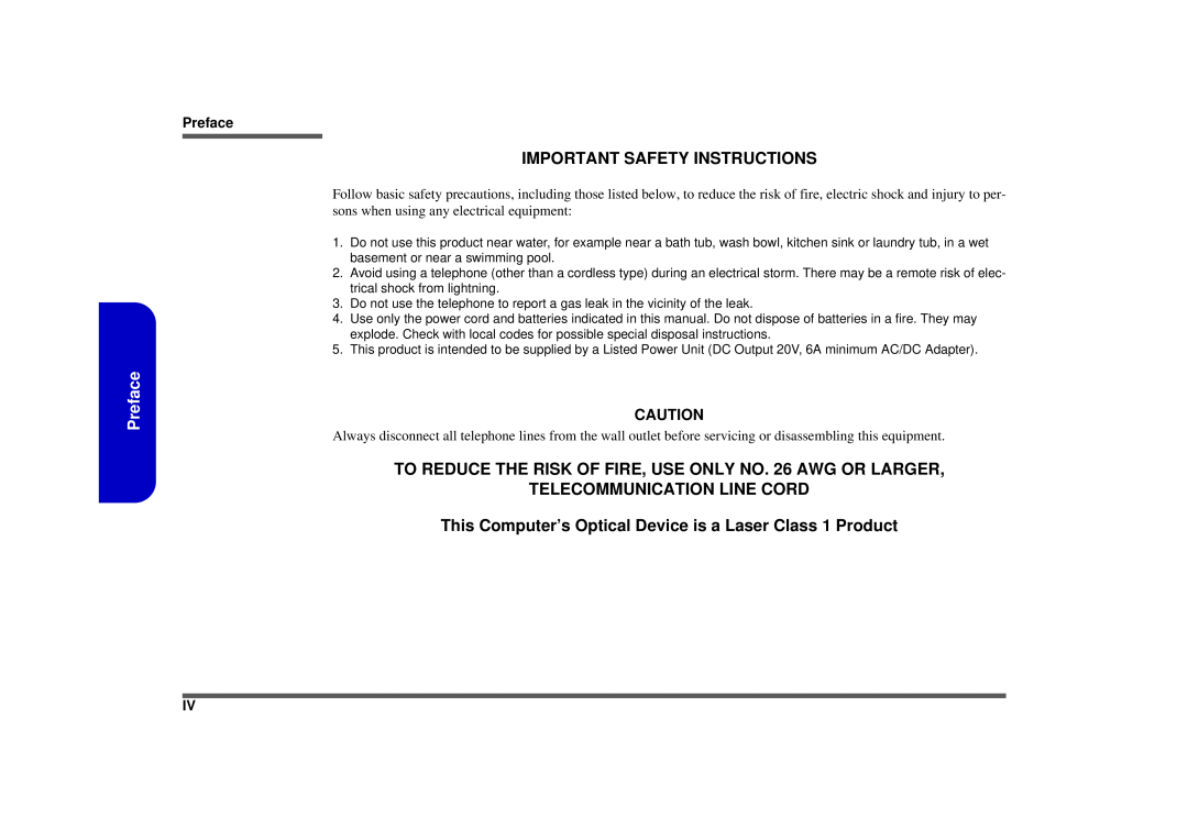 Intel M570TU manual Important Safety Instructions, Telecommunication Line Cord, Preface 