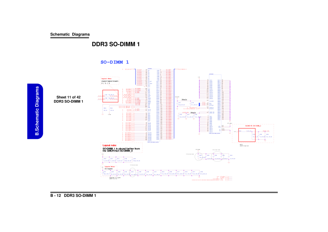 Intel M570TU manual B.Schematic Diagrams, B - 12 DDR3 SO-DIMM1, Sheet 11 of DDR3 SO-DIMM1, Layout note, EVT 2007/12/15 