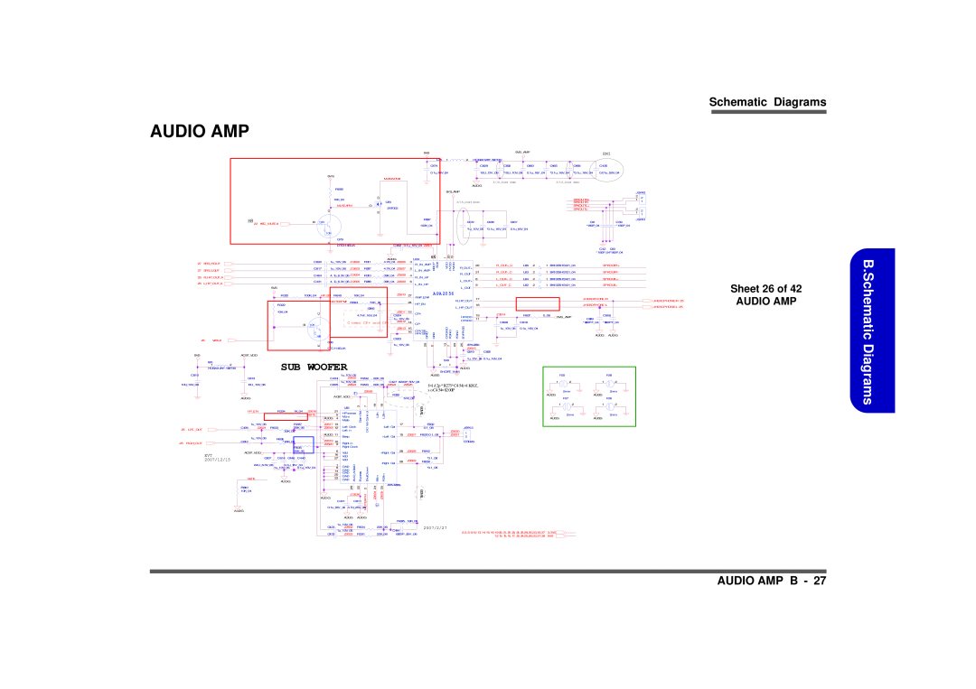 Intel M570TU Schematic Diagrams, Sub Woofer, Audio Amp B, Sheet 26 of, f=1 /2p* R273*C4 54=1 KHZ, s o C454=8200P, A Pa 