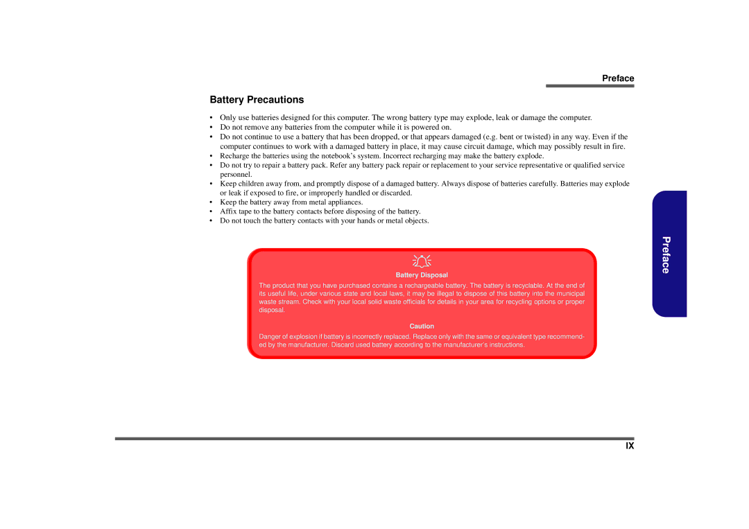 Intel M570TU manual Battery Precautions 