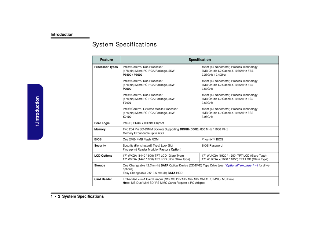 Intel M570TU manual System Specifications, Feature Specification 