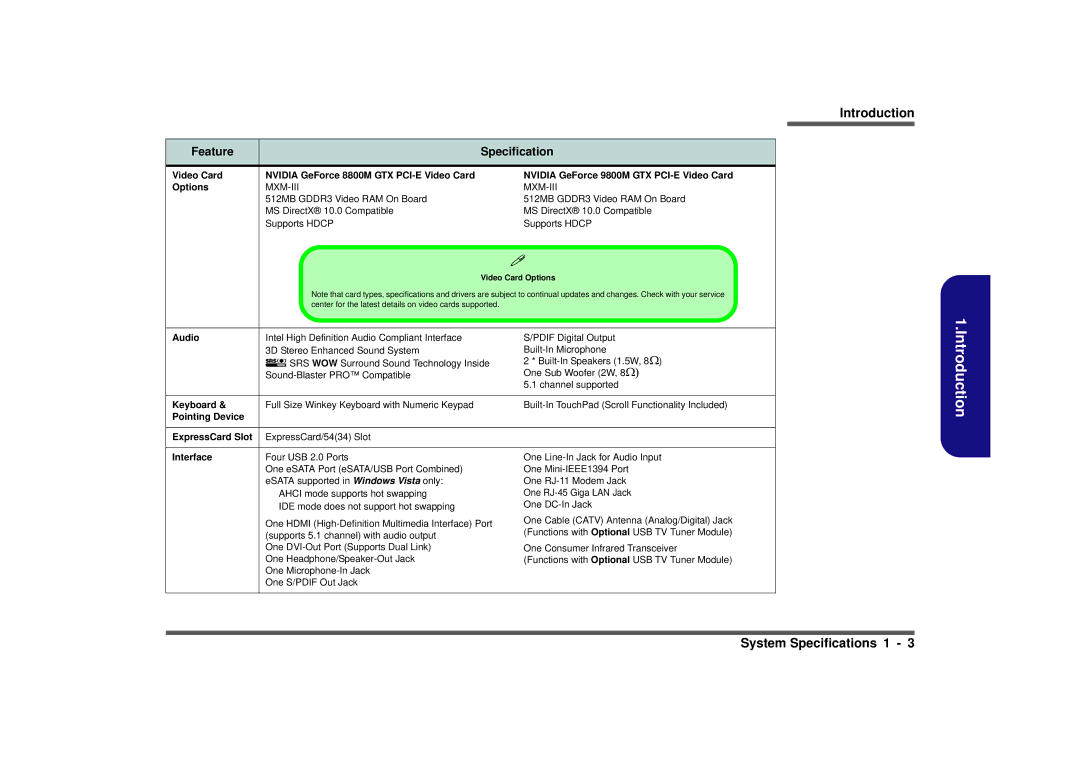 Intel M570TU manual System Specifications 1 