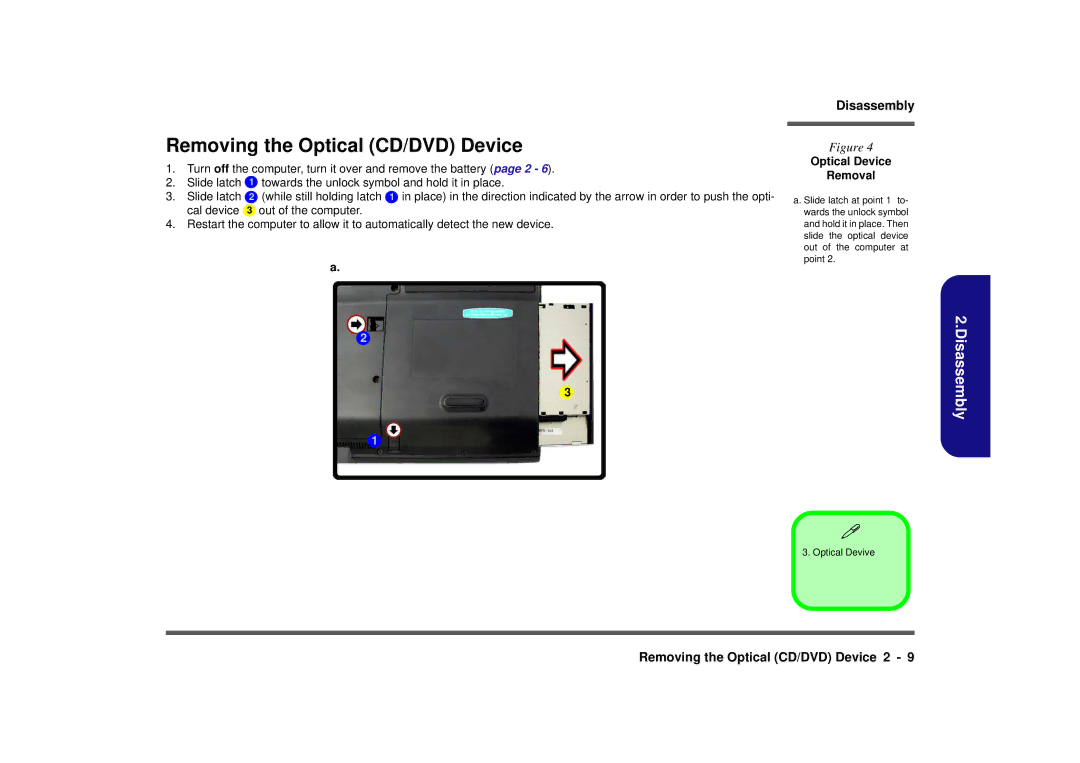 Intel M570TU manual Removing the Optical CD/DVD Device, Optical Device Removal 