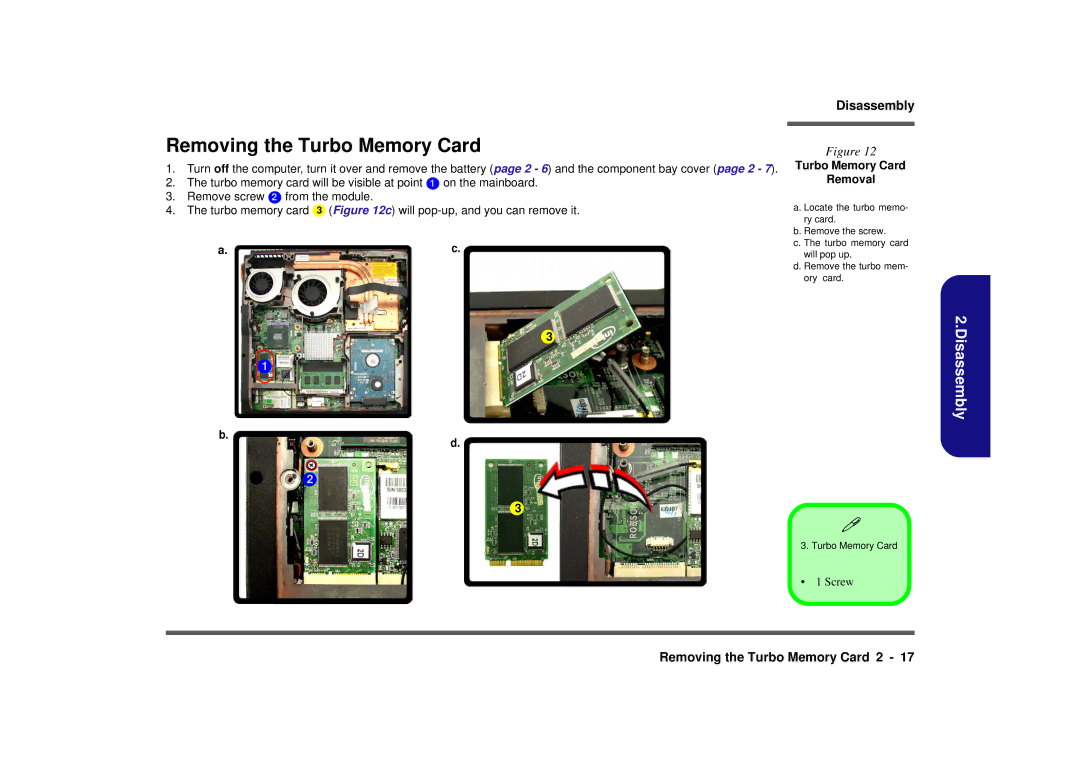 Intel M570TU manual Removing the Turbo Memory Card, Turbo Memory Card Removal 