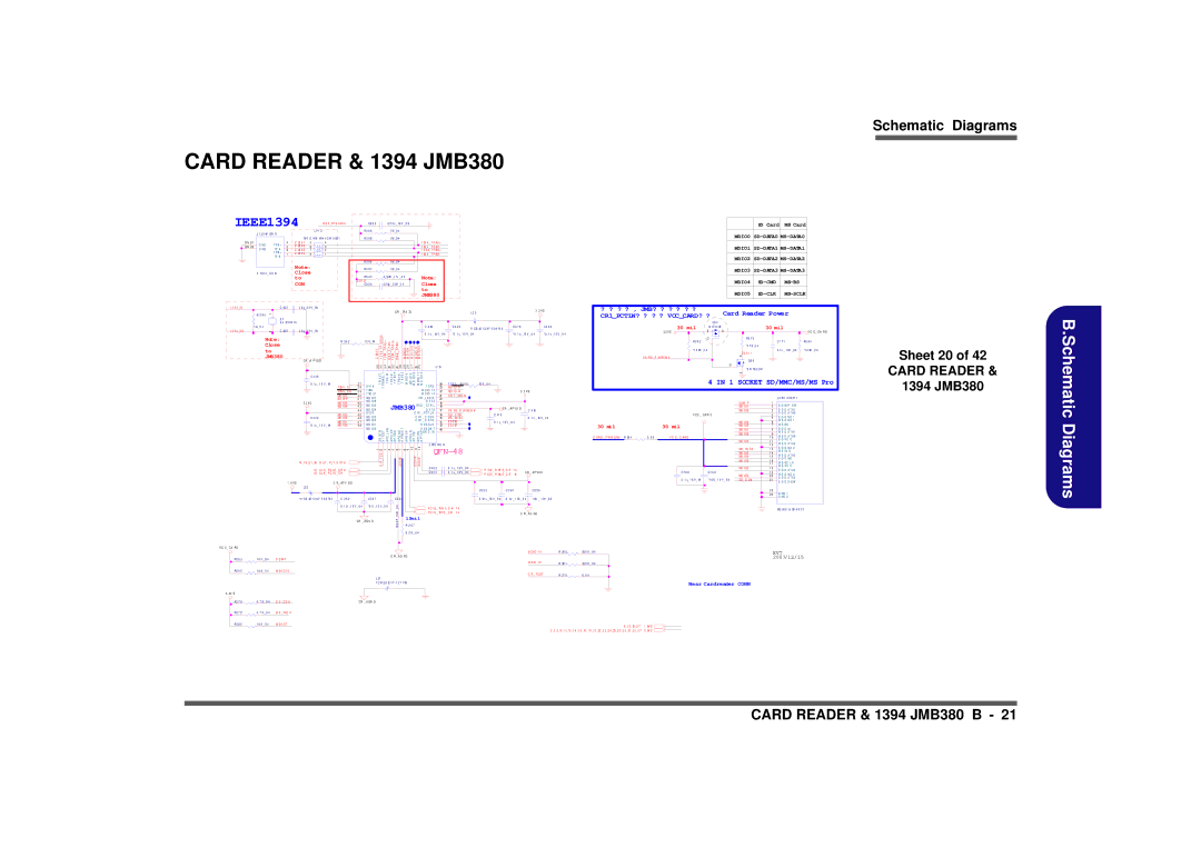 Intel M570TU manual Card Reader & 1394 JMB380, Sheet 20 