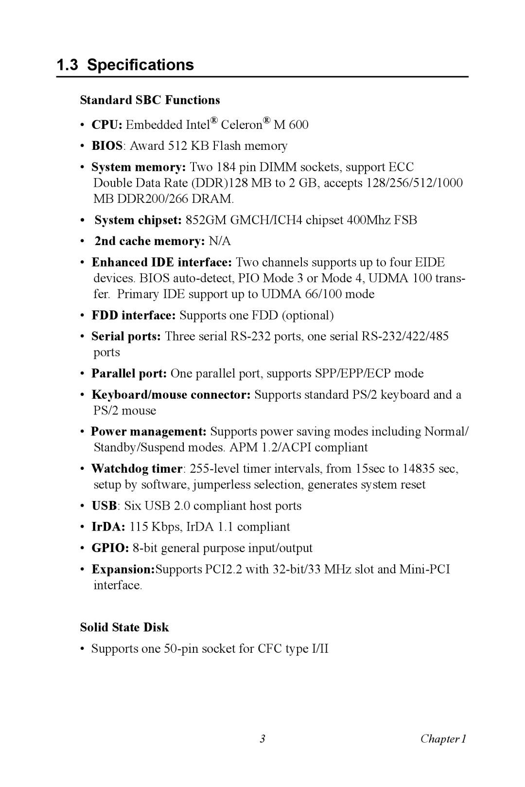 Intel M600 user manual Specifications, Standard SBC Functions 