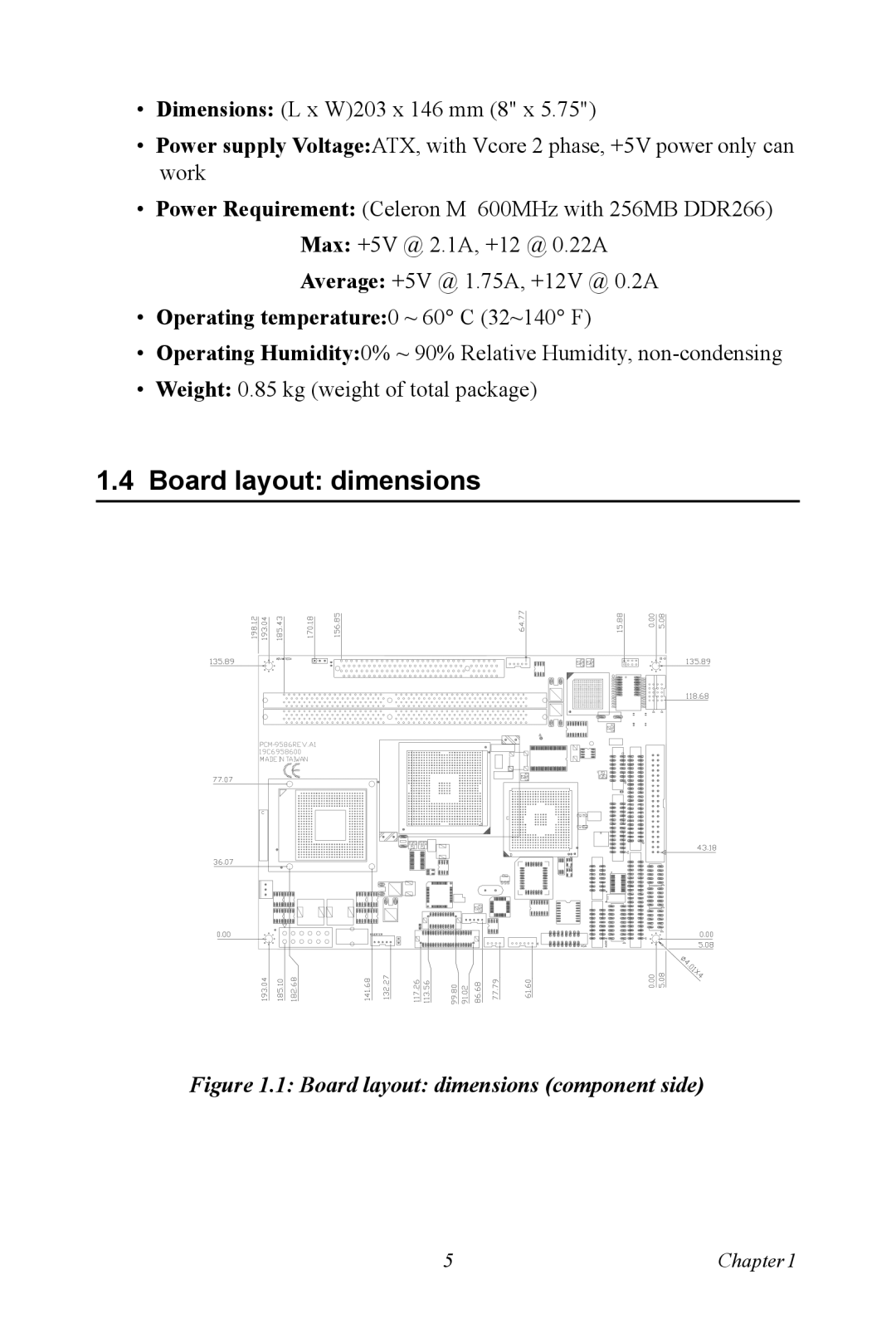 Intel M600 user manual Board layout dimensions component side 