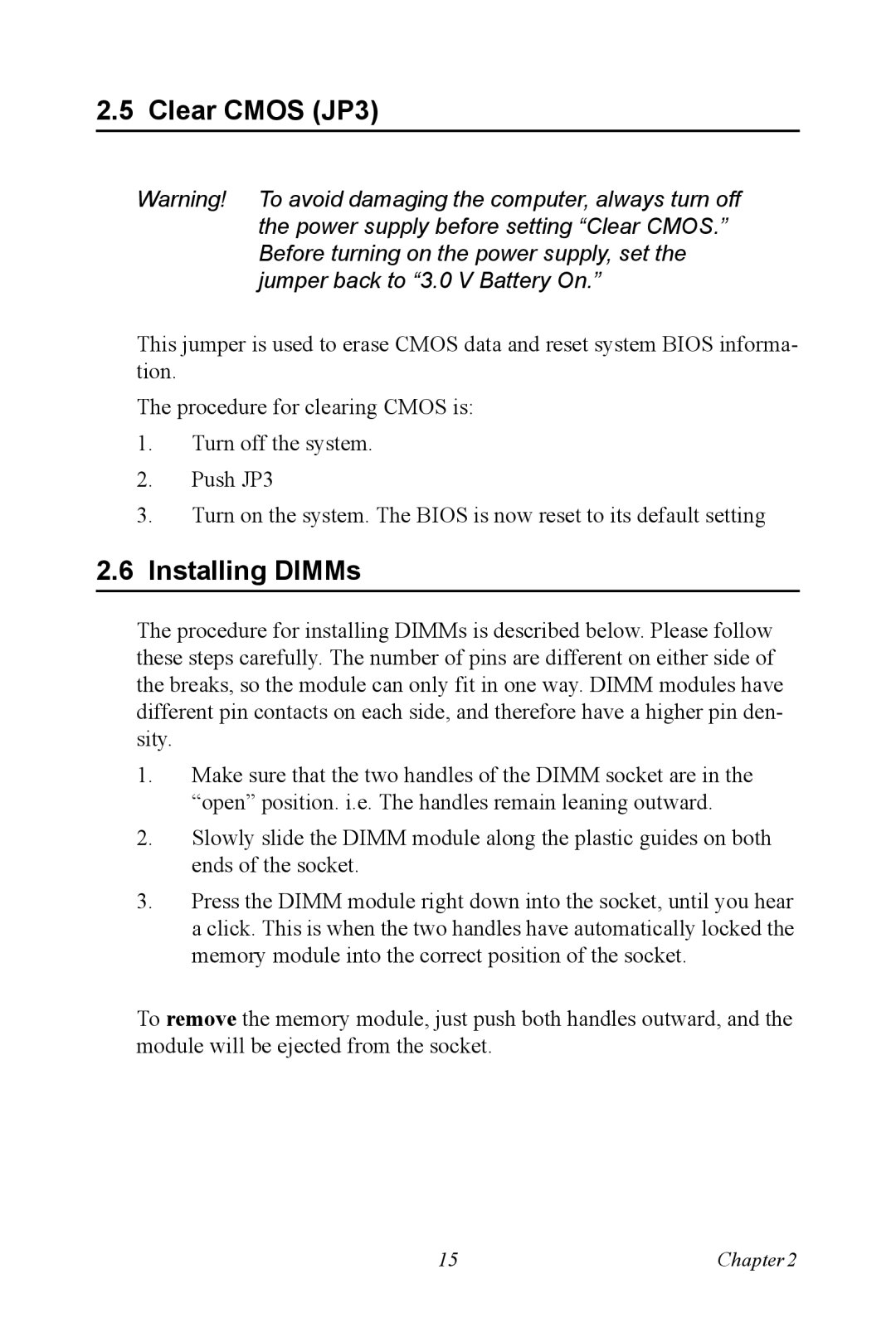 Intel M600 user manual Clear Cmos JP3, Installing DIMMs 