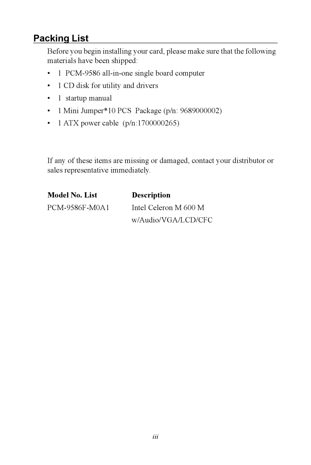 Intel M600 user manual Packing List 