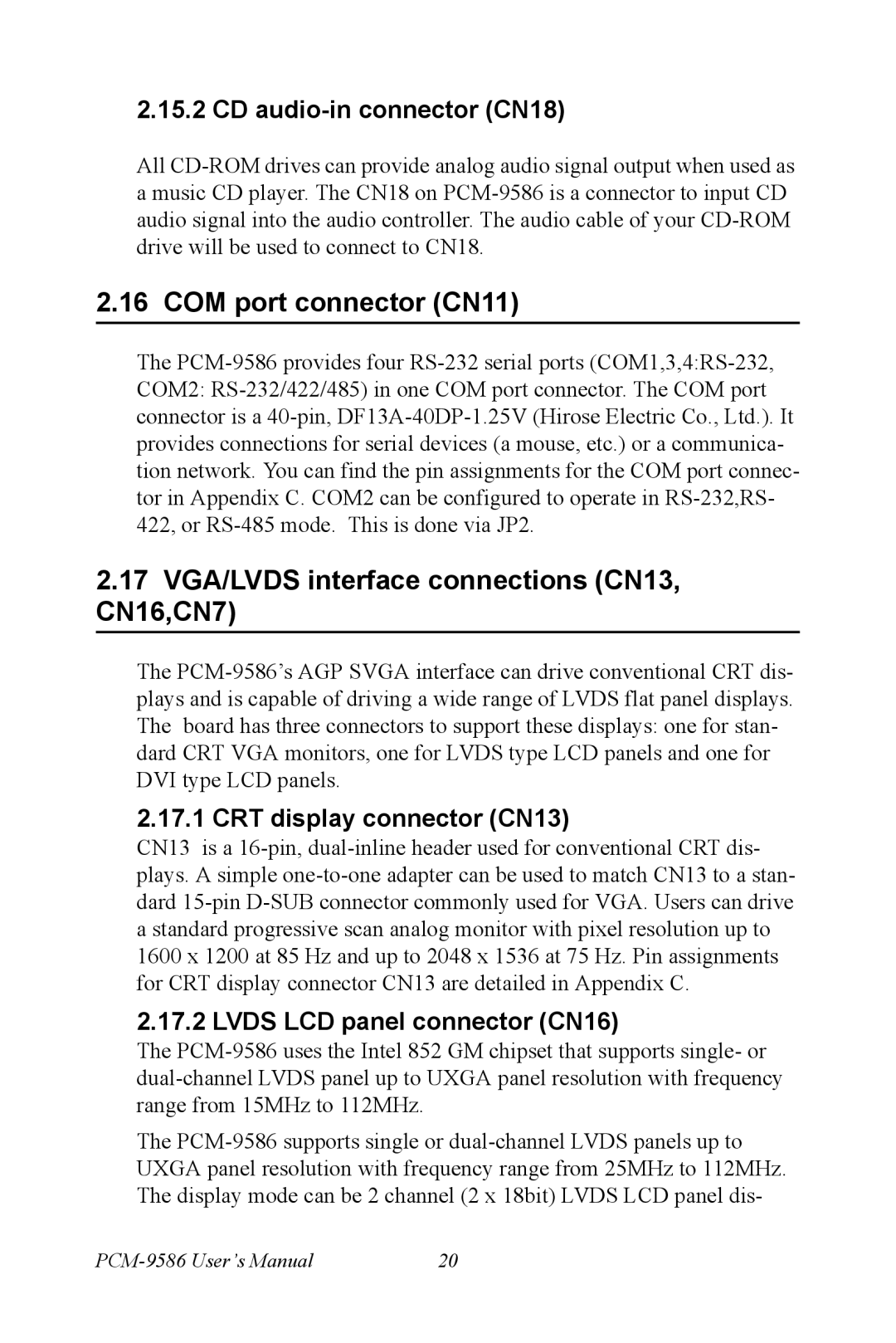 Intel M600 user manual CD audio-in connector CN18, CRT display connector CN13, Lvds LCD panel connector CN16 